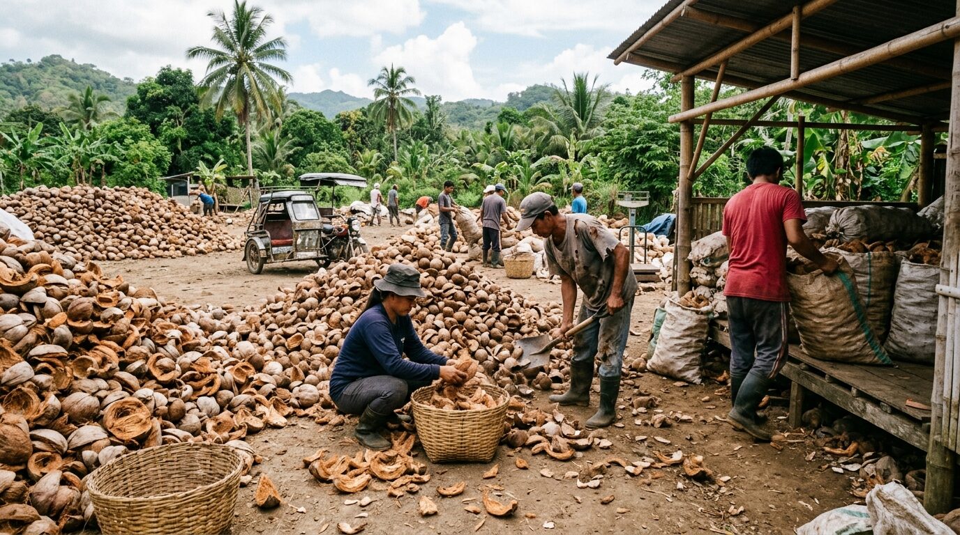 Coconut husks collected at a receiving yard.