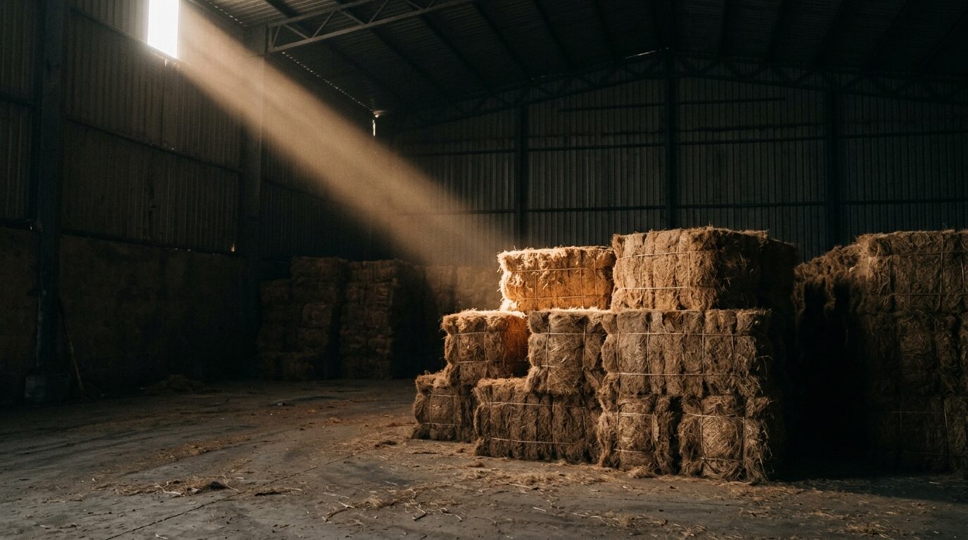 Stacked bales of processed biomass in a warehouse.