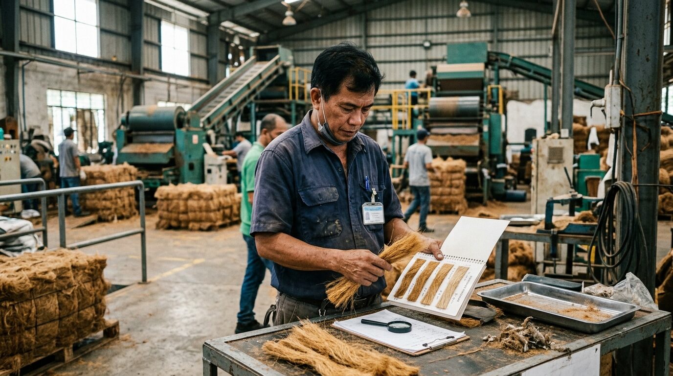 Technician checking a coir fibre sample.