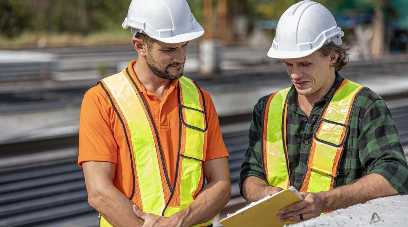 Two workers reviewing a site inspection checklist on a clipboard.