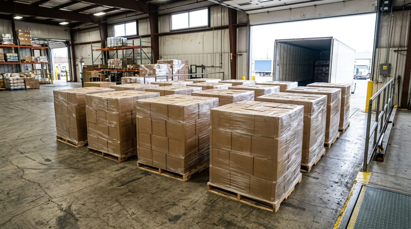 Coconut product cartons staged for shipment.