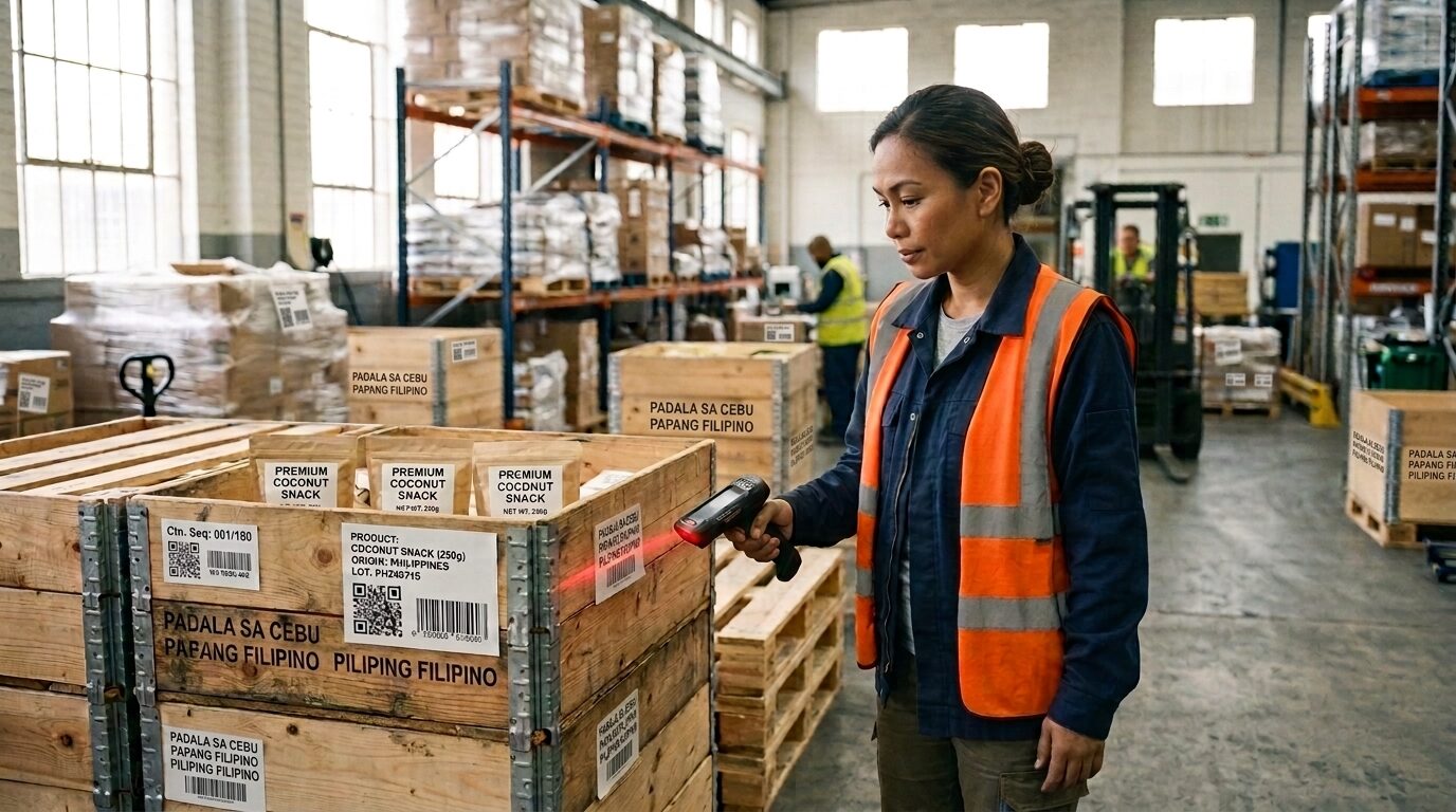 Worker scanning barcode on a crate.