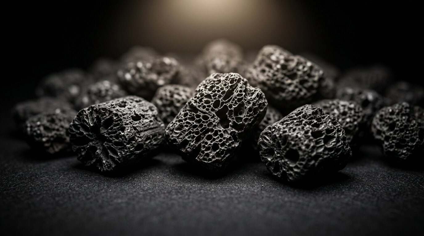 Porous activated carbon granules.