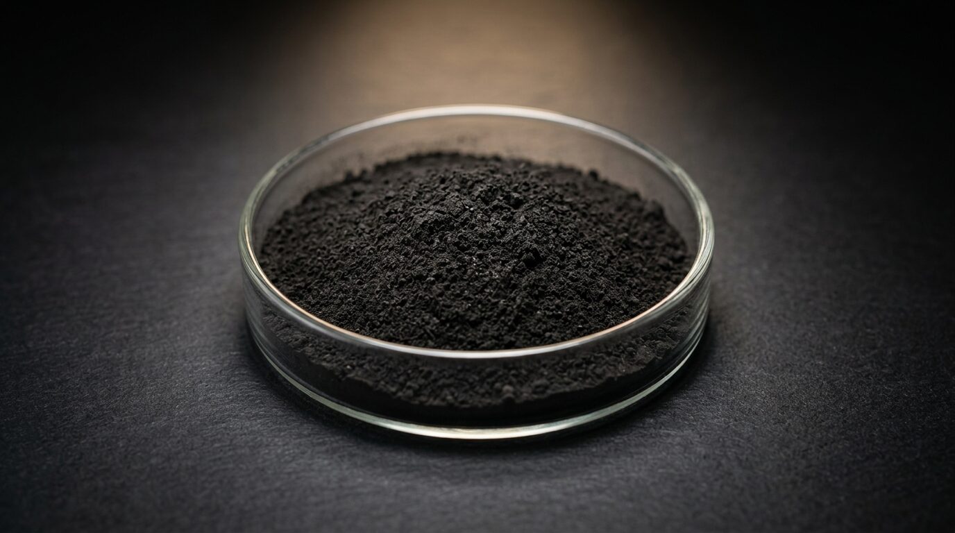 Black activated carbon powder.