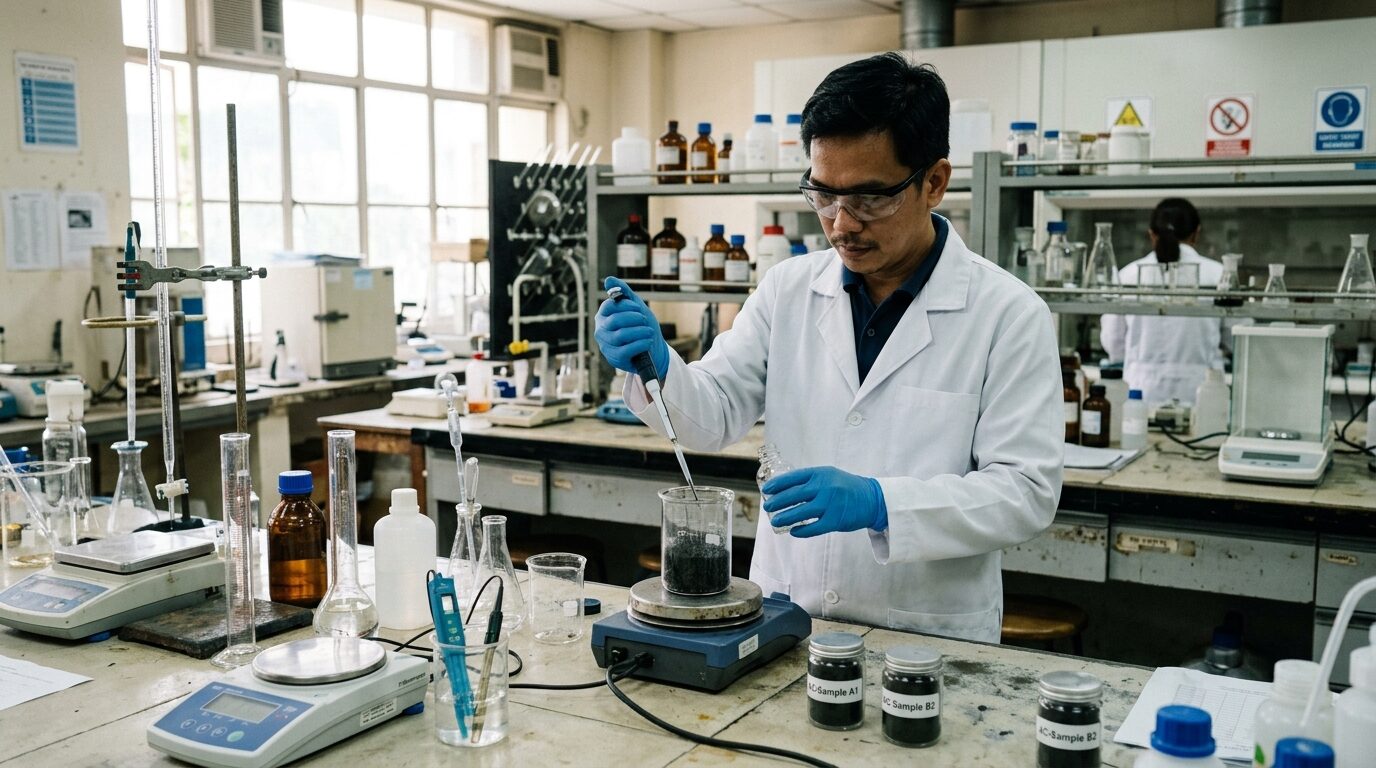 Lab technician testing a carbon sample.