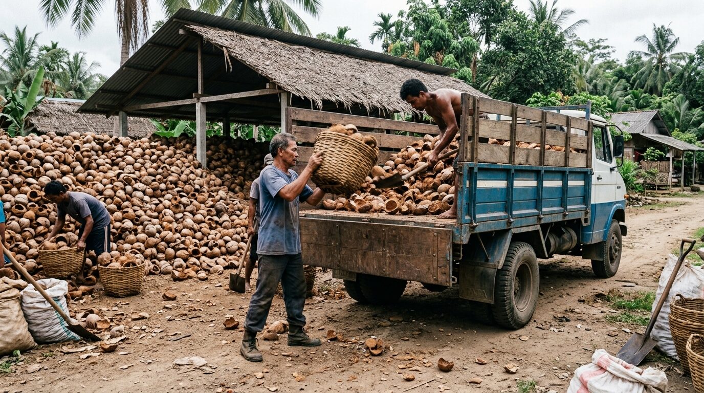 Dried coconut shells loaded for transport.