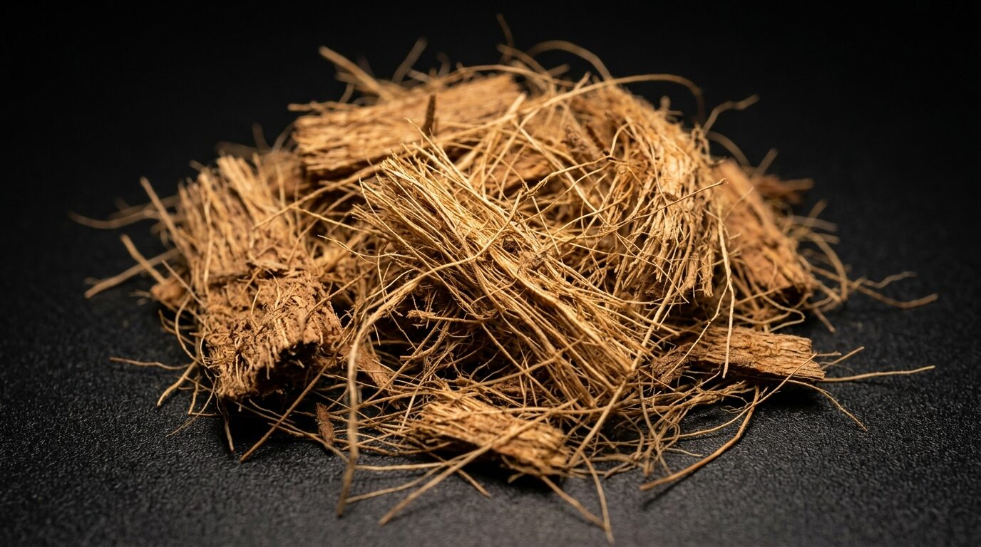 A loose pile of golden-brown coconut husk fibres and coir strands.
