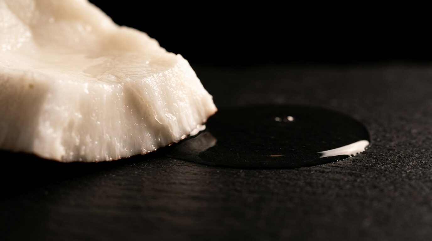 A slice of white coconut flesh beside a pool of coconut water.