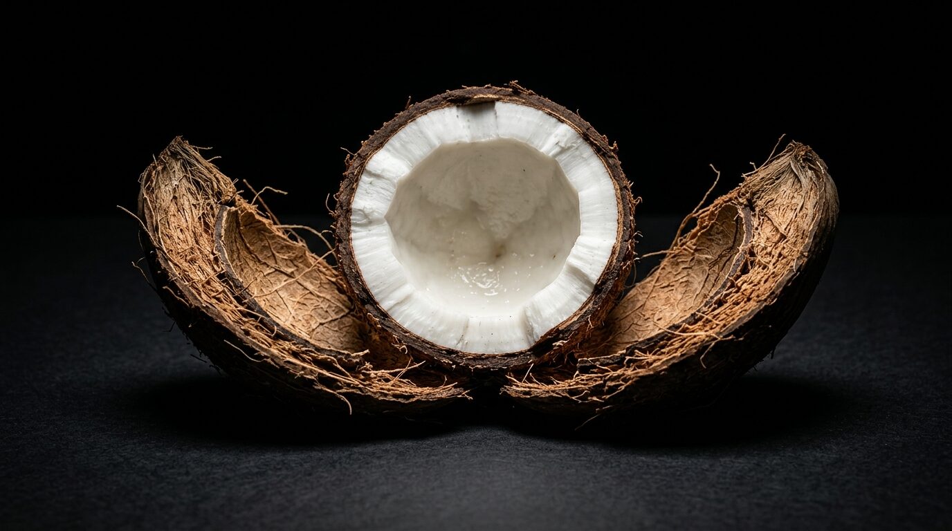 A coconut split open, its clear water pooling within the white flesh.